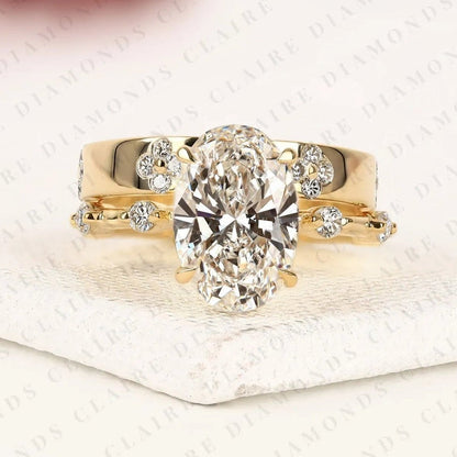 Oval Cut Lab Grown Diamond Engagement Ring Set Floral Accent Vintage Inspired Diamond Ring