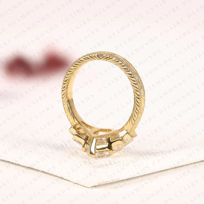 Hexagon Cut Moissanite Diamond Engagement Ring Art Deco Step Cut Ring Vintage Engraved Gold Ring Baguette Side Stone Bridal Ring.
