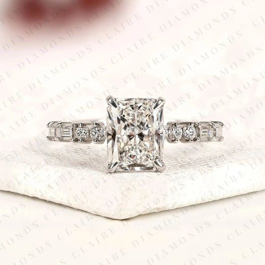 Radiant Cut Moissanite Diamond Engagement Ring with Round and Baguette Side Stone Accents