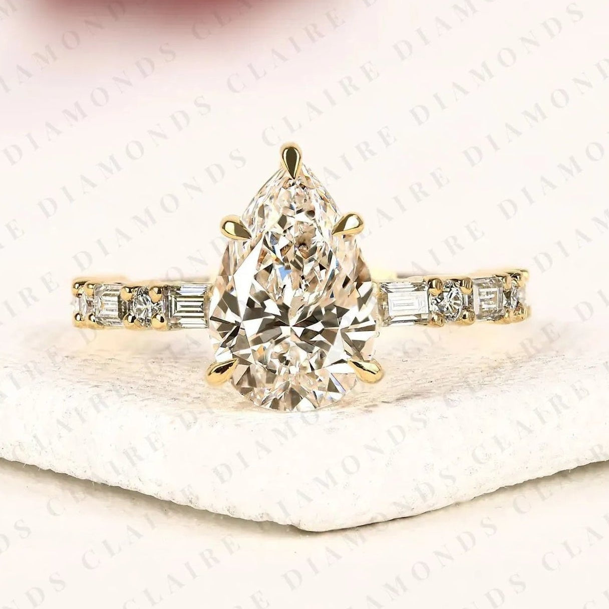 pear cut moissanite diamond engagement ring baguette & round accent diamond band bridal ring  elegant wedding ring
