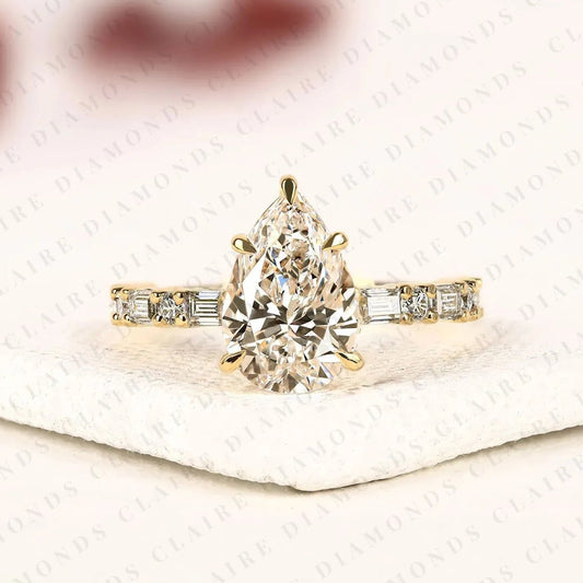 Pear Cut Moissanite Diamond Engagement Ring Baguette & Round Accent Diamond Band Bridal Ring  Elegant Wedding Ring