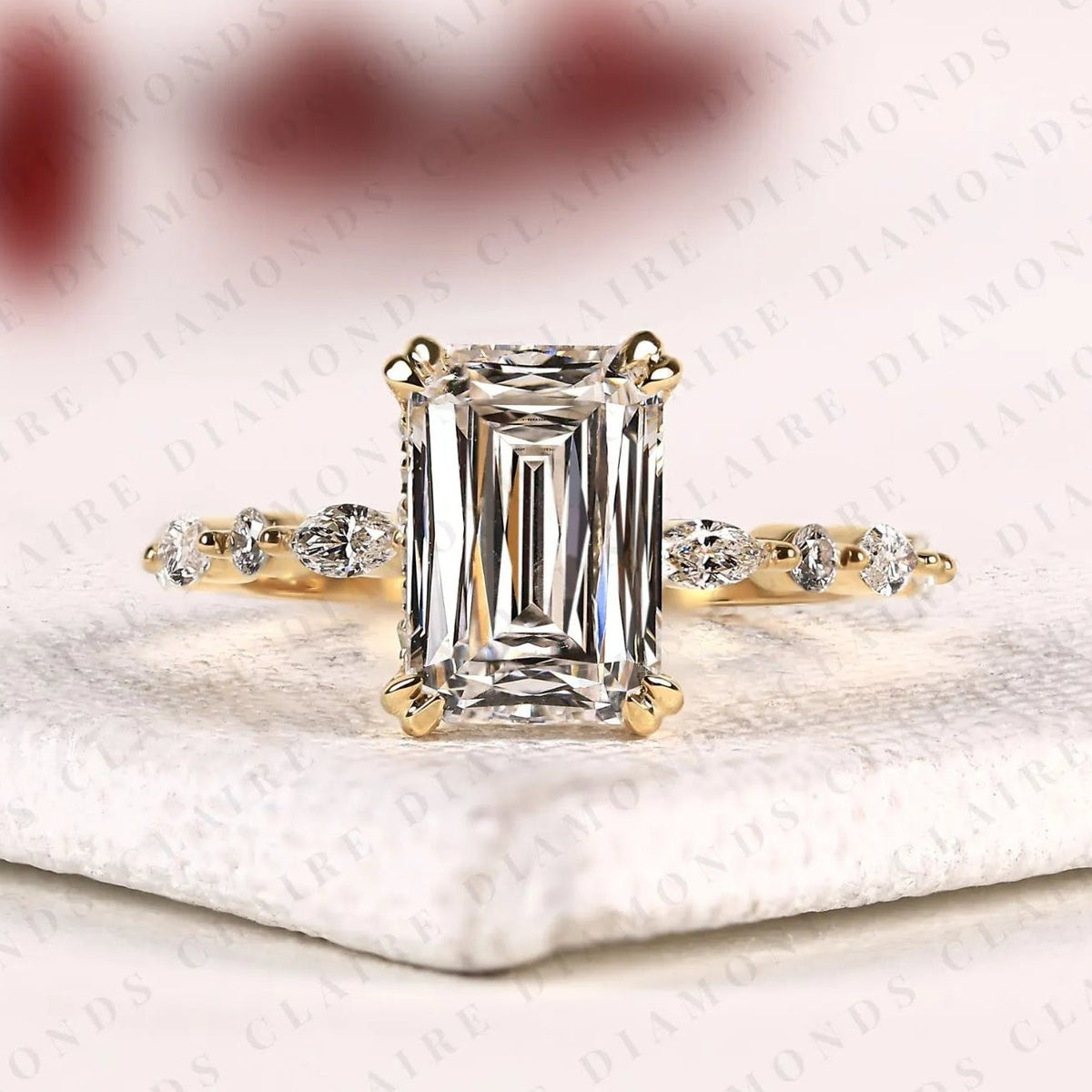 criss cut lab grown diamond engagement ring, hidden halo gold ring with marquise & round accent.