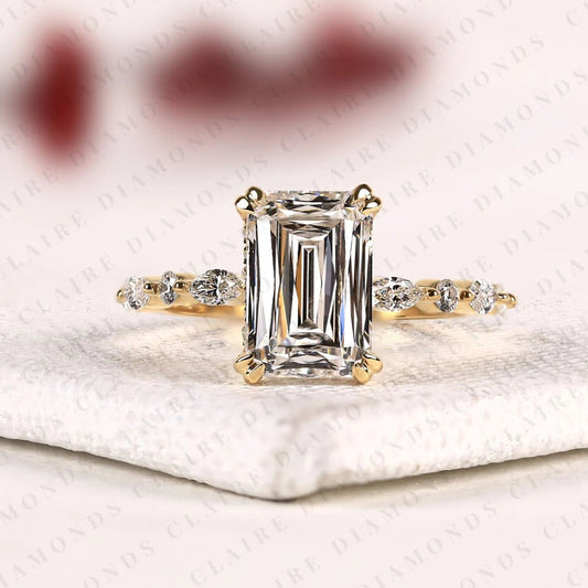 Criss Cut Moissanite Diamond Engagement Ring, Hidden Halo Gold Ring With Marquise & Round Accent.