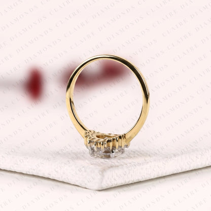 Round Cut Lab Grown Diamond Halo Engagement Ring Baguette Accent Vintage Inspired Bridal Ring Unique Luxury Jewelry