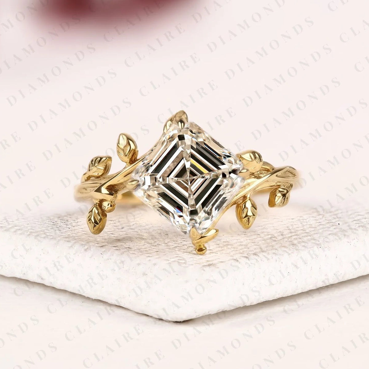 asscher cut lab grown diamond ring vintage floral leaf gold engagement ring art deco inspired geometric diamond ring for women