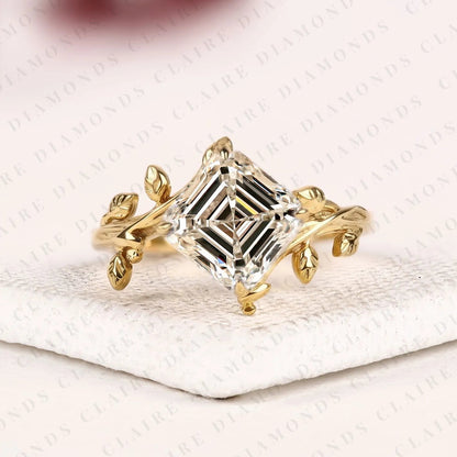 Asscher Cut Lab Grown Diamond Ring Vintage Floral Leaf Gold Engagement Ring Art Deco Inspired Geometric Diamond Ring for Women