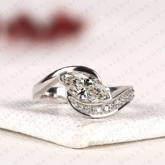 Marquise Cut Moissanite Diamond East West Bypass Engagement Ring in Gold With Round Side Stones , Modern Bridal Jewelry.