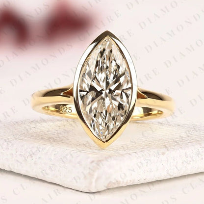 Marquise Lab Grown Diamond Bezel Set Solitaire Ring Gold Engagement Ring for Women