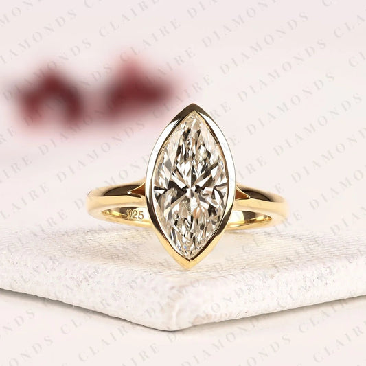 Marquise Moissanite Diamond Bezel Set Solitaire Ring Gold Engagement Ring for Women