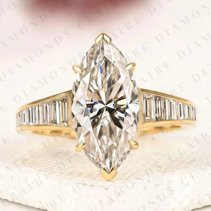 Designer Marquise Moissanite Diamond Engagement Ring with Channel Set Baguette Diamonds