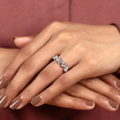 1.60 TCW Mixed Cut Band Emerald & Pear & Oval & Heart Lab Grown Diamond Half Eternity Wedding Band Unique Stackable Band
