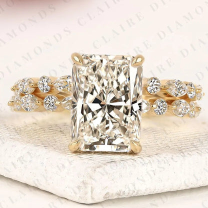 Designer Radiant Cut Moissanite Bridal Ring Set with Marquise and Round Diamond Accents