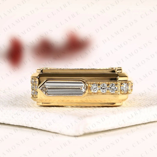 Luxury Baguette Cut Lab Grown Diamond Engagement Ring in Gold With Round Accent Side Diamonds For Men.