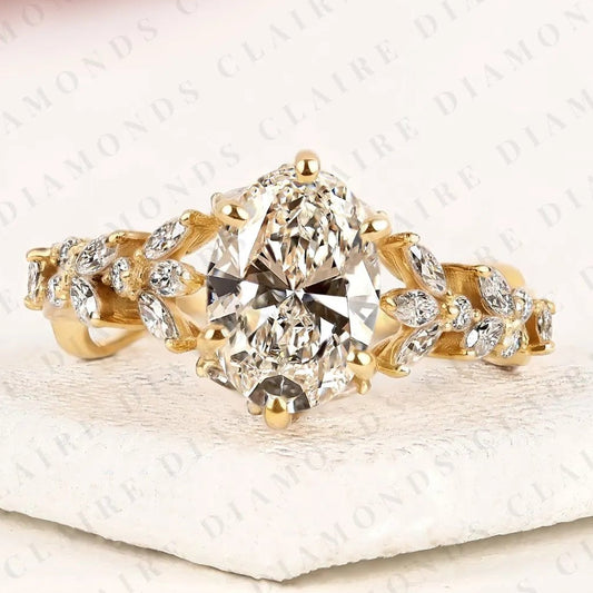 Oval Cut Lab Grown Diamond Engagement Ring Nature Inspired Leaf Vine Band Gold Floral Wedding Ring Vintage Bridal Ring IGI Certified Anniversary Jewelry