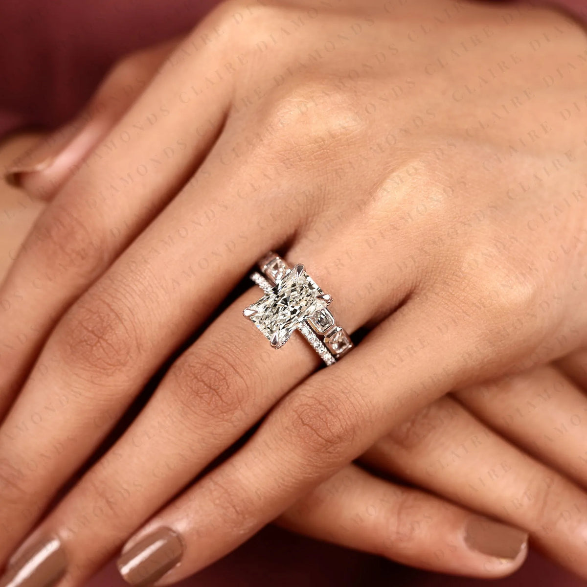 radiant cut lab grown diamond engagement ring double band bridal set with pave diamond accents modern luxury white gold wedding ring