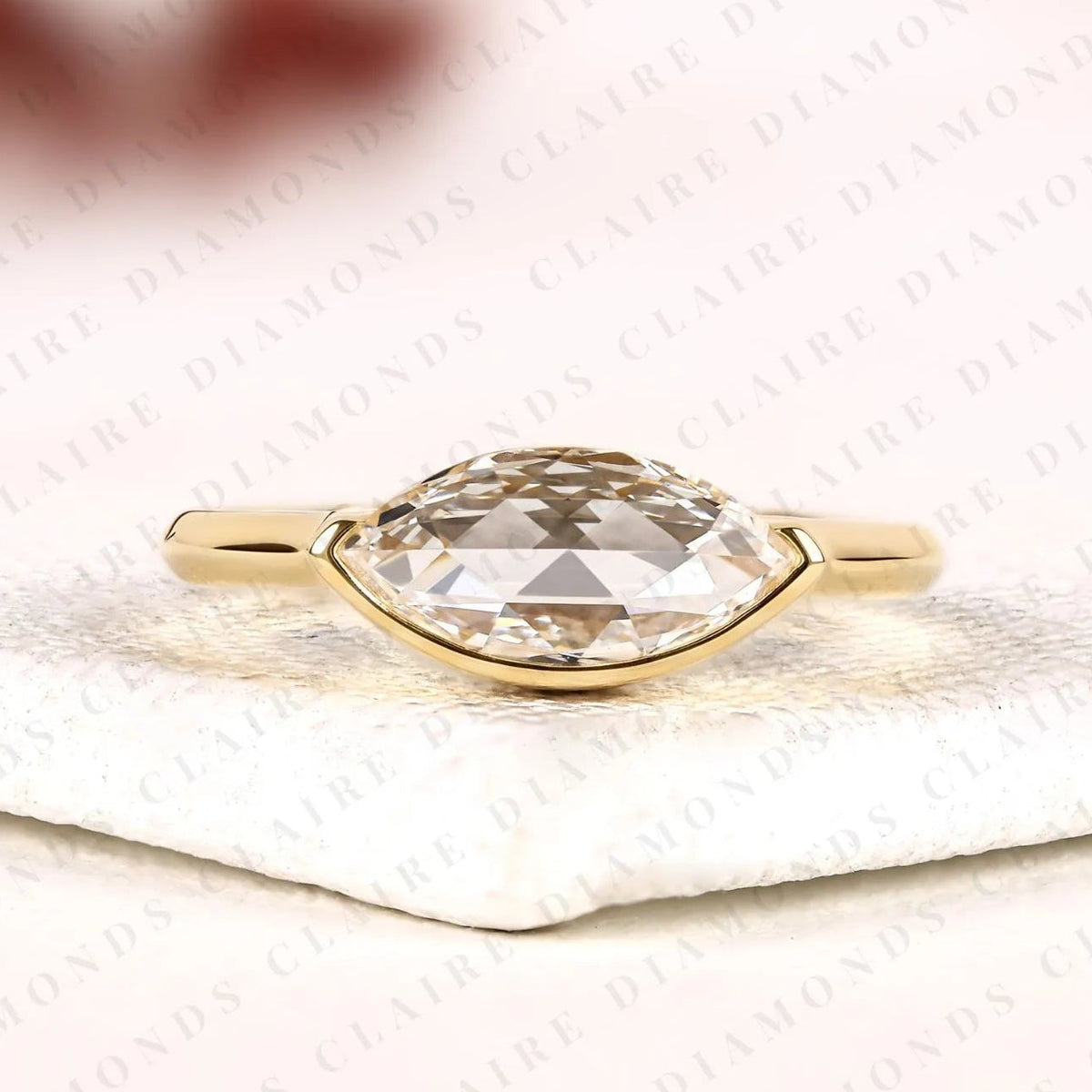 east west marquise rose cut lab grown diamond solitaire ring half bezel minimalist promise ring