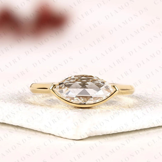 East West Marquise Rose Cut Moissanite Diamond Solitaire Ring Half Bezel Minimalist Promise Ring