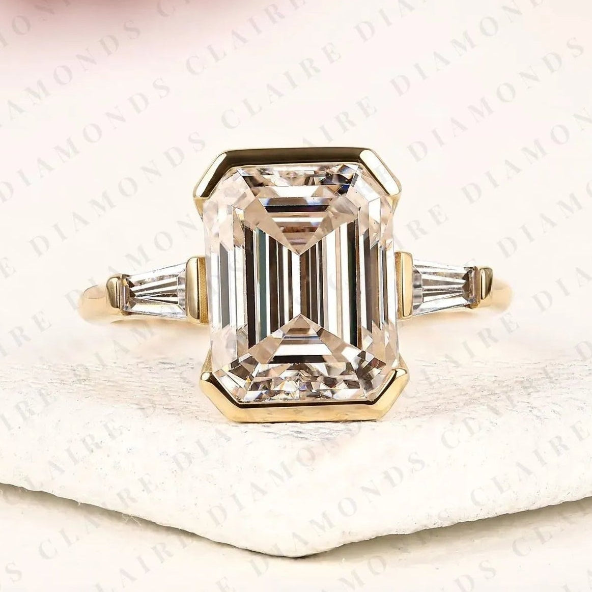 emerald cut moissanite diamond past, present & future gold ring ,half bezel & three tone engagement ring with tapered baguette side diamonds ring.