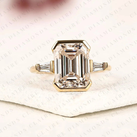 Emerald Cut Moissanite Diamond Past, Present & Future Gold Ring ,Half Bezel & Three tone Engagement Ring With Tapered Baguette Side Diamonds Ring.