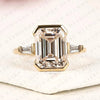 Emerald Cut Moissanite Diamond Past, Present & Future Gold Ring ,Half Bezel & Three tone Engagement Ring With Tapered Baguette Side Diamonds Ring.