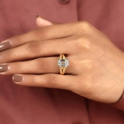 Vintage Emerald Cut Moissanite Diamond Engagement Ring Art Deco Filigree Solitaire Ring Emerald Diamond Ring Gold Promise Ring.