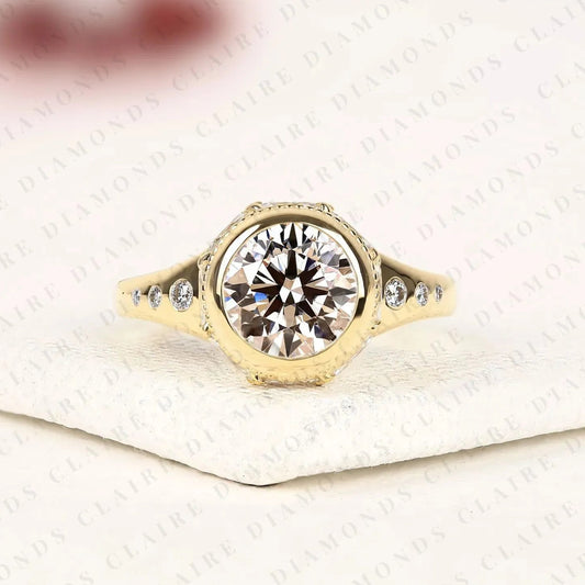 Round Brilliant Cut Bezel Set Moissanite Diamond Engagement Ring Vintage Ring Anniversary & Promise Ring for Women