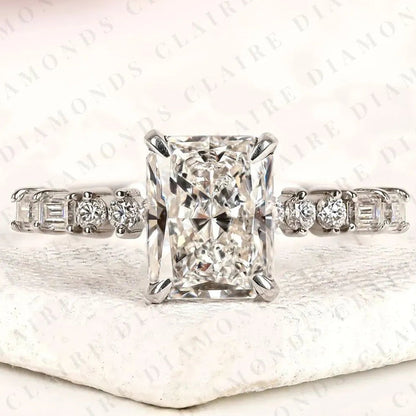 Radiant Cut Moissanite Diamond Engagement Ring with Round and Baguette Side Stone Accents