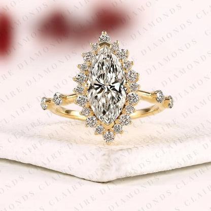 Marquise Cut Lab Grown Diamond Engagement Ring Floral Halo Ring Inspired Unique Statement Ring