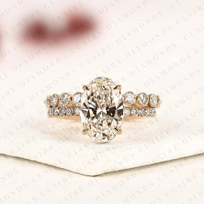 Oval Cut Moissanite Diamond Engagement Ring Hidden Halo with Matching Diamond Band Ring For Her