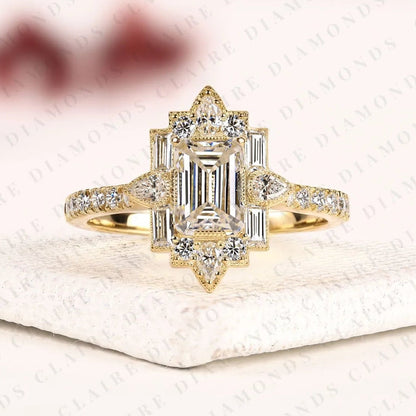 Emerald Cut Lab Grown Diamond Engagement Ring Milgreen Bezel Art Deco Vintage Inspired Baguette Halo Diamond Bridal Ring