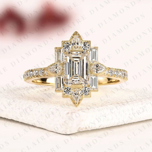 Emerald Cut Lab Grown Diamond Engagement Ring Milgreen Bezel Art Deco Vintage Inspired Baguette Halo Diamond Bridal Ring