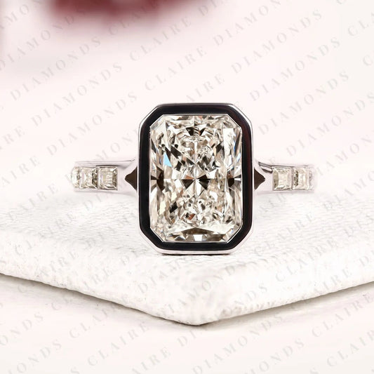 Radiant Cut Lab Grown Diamond Bezel Set Engagement Ring with Baguette Pave Set White Gold Modern Luxury Bridal Jewelry
