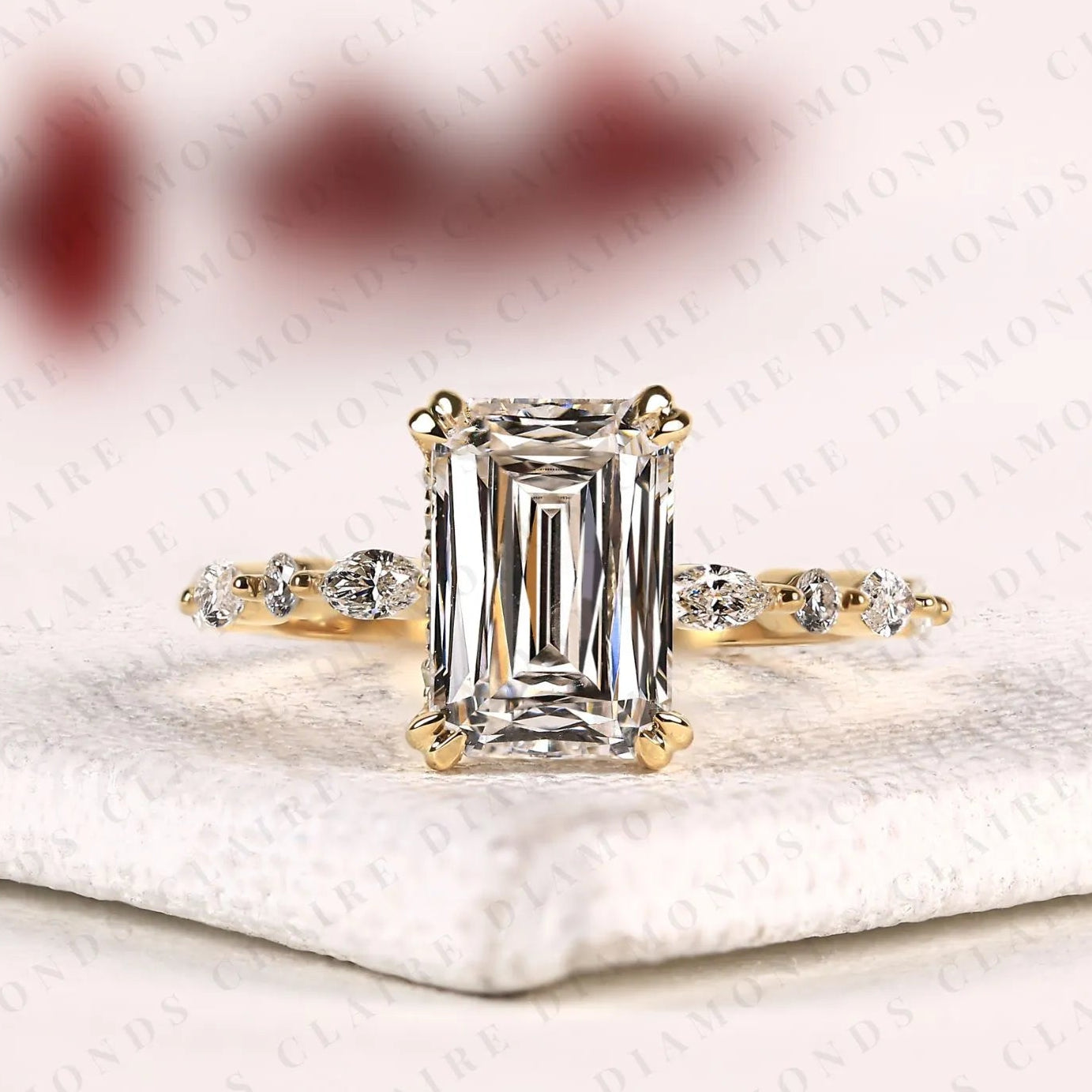 criss cut lab grown diamond engagement ring, hidden halo gold ring with marquise & round accent.