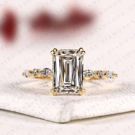 Criss Cut Lab Grown Diamond Engagement Ring, Hidden Halo Gold Ring With Marquise & Round Accent.