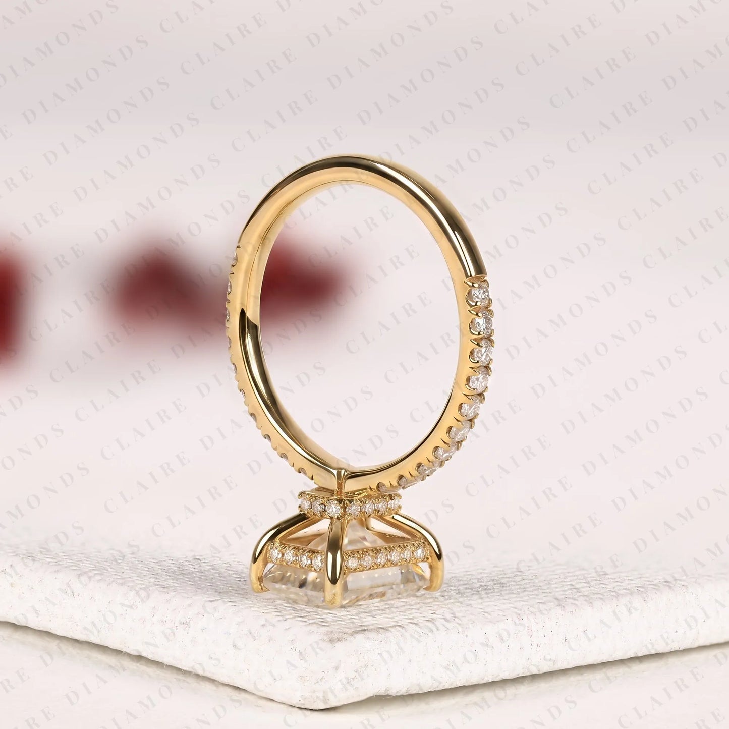 radiant cut moissanite diamond engagement ring with pave band in gold hidden halo ring