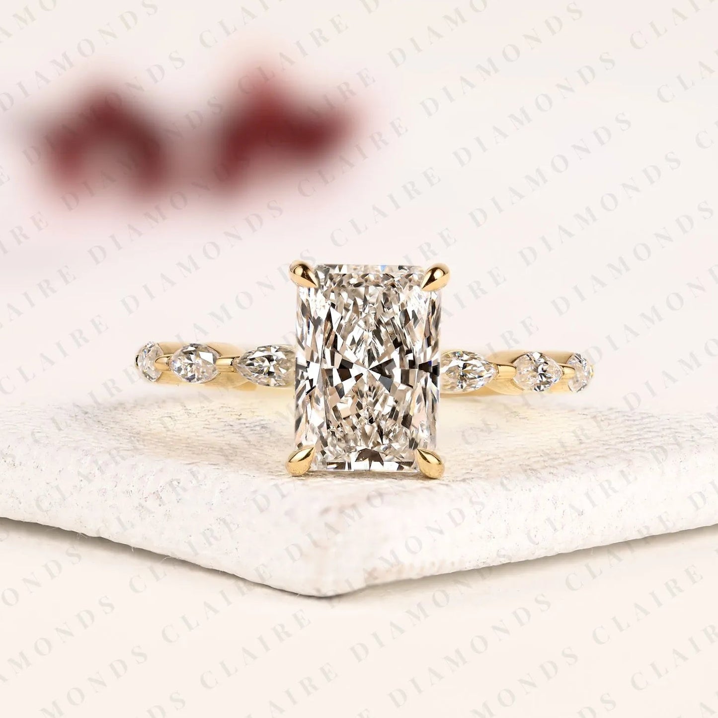 radiant cut lab grown diamond hidden halo engagement ring in yellow gold marquise accent band