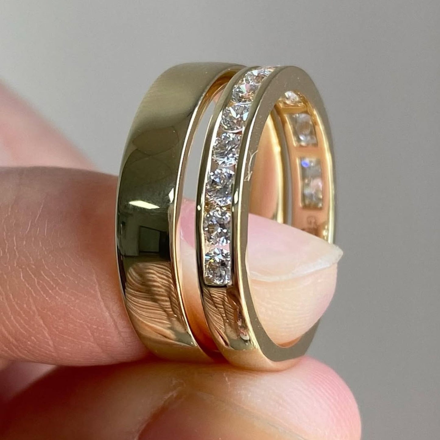 0.74 tcw classic gold couple band set with round brilliant moissanite diamond channel setting