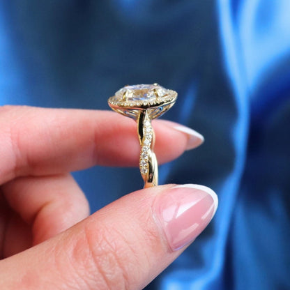Classic Oval Cut Moissanite Diamond Halo Ring with Pave Band in Gold Ring