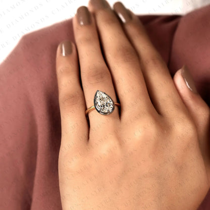 Pear Shape Lab Grown Diamond Solitaire Ring | Black Bezel Two-Tone Gold Contemporary Setting