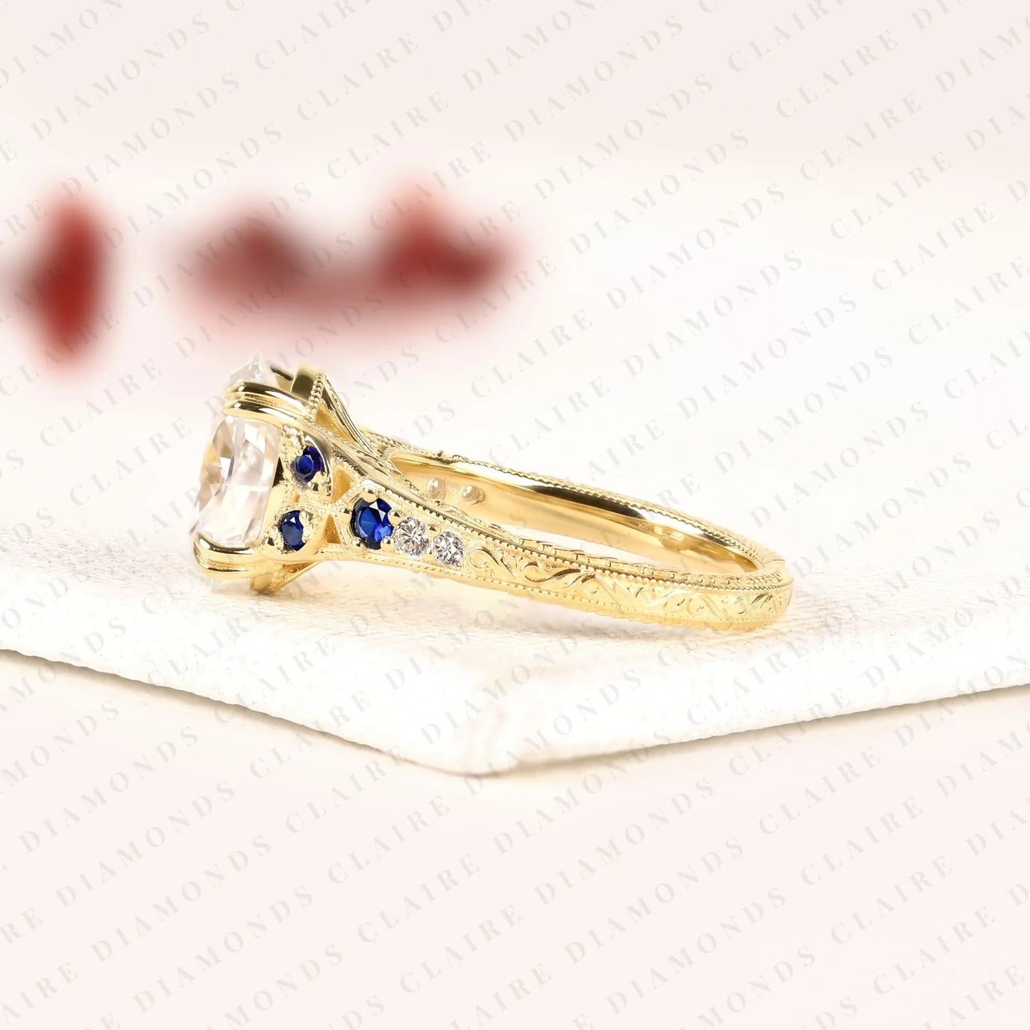 oval cut lab grown diamond engagement ring | vintage art deco sapphire & diamond yellow gold ring