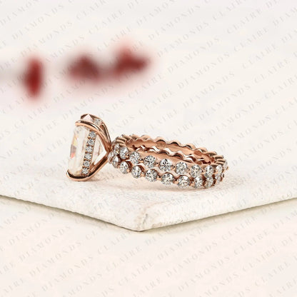 Radiant Cut Lab Grown Diamond Engagement Ring Set with Pave Wedding Band in Rose Gold | Elegant Bridal Ring Set for Women