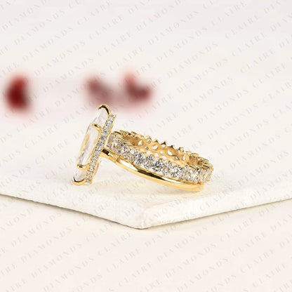 Marquise Cut Moissanite Diamond Engagement Ring Set with Eternity Wedding Band in 14K Yellow Gold