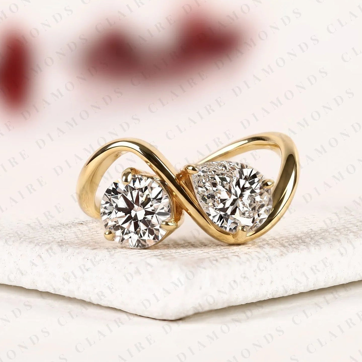 2.05 tcw round & pear cut toi et moi lab grown diamond engagement ring | two stone bypass gold ring | elegant modern bridal jewelry