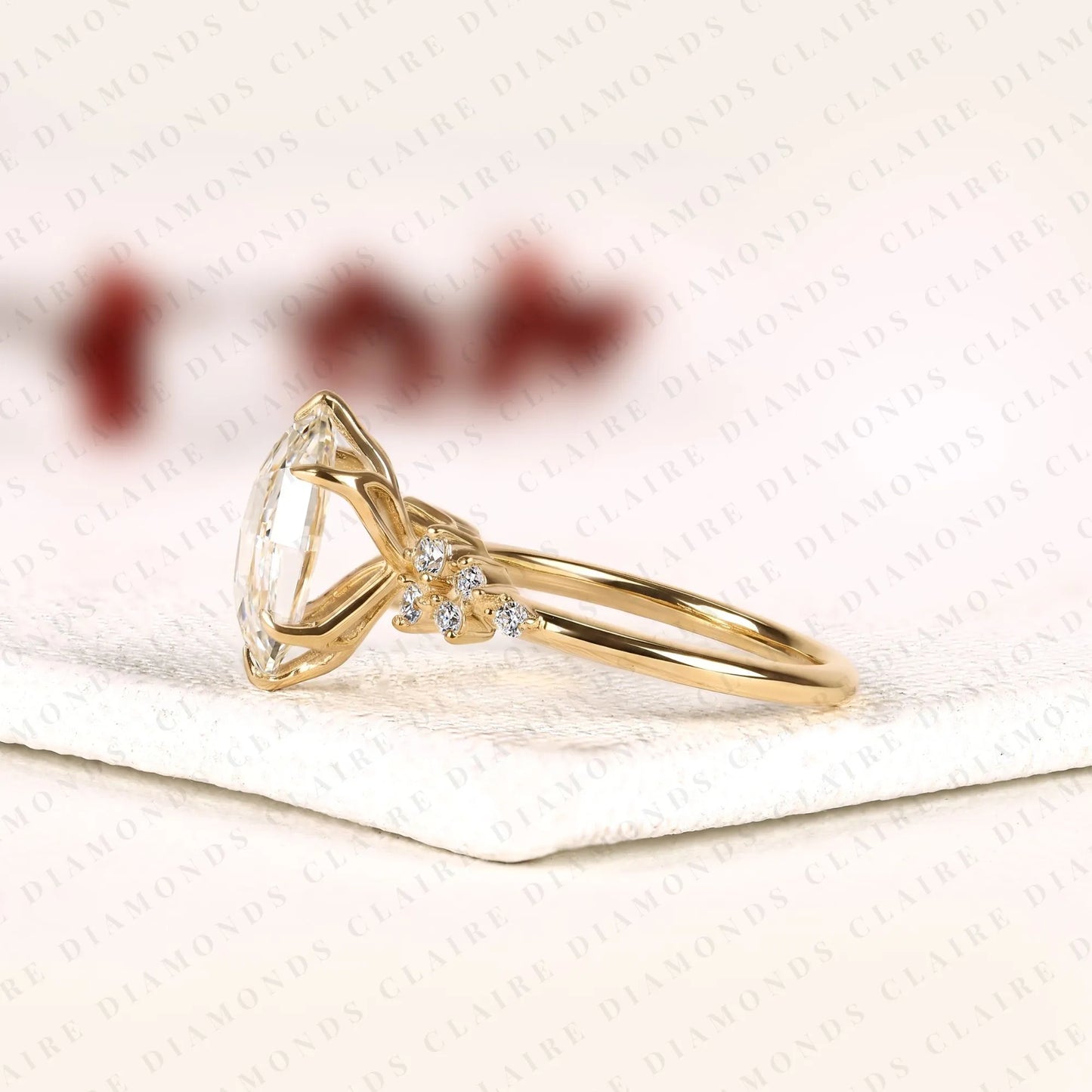 rose marquise cut moissanite diamond engagement ring | yellow gold botanical floral cluster setting