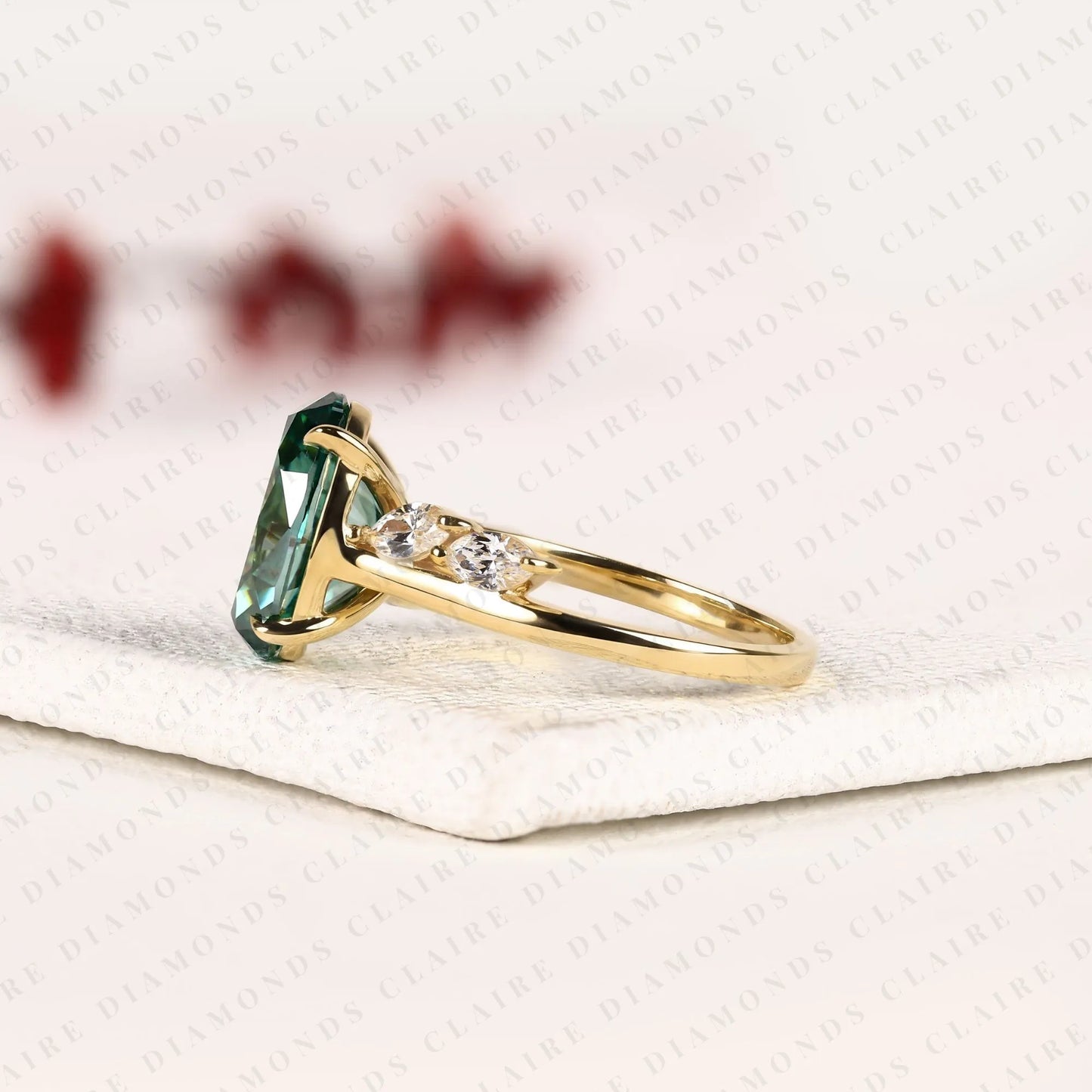 green oval cut lab grown diamond ring with marquise side stones, nature inspired gold engagement ring for women