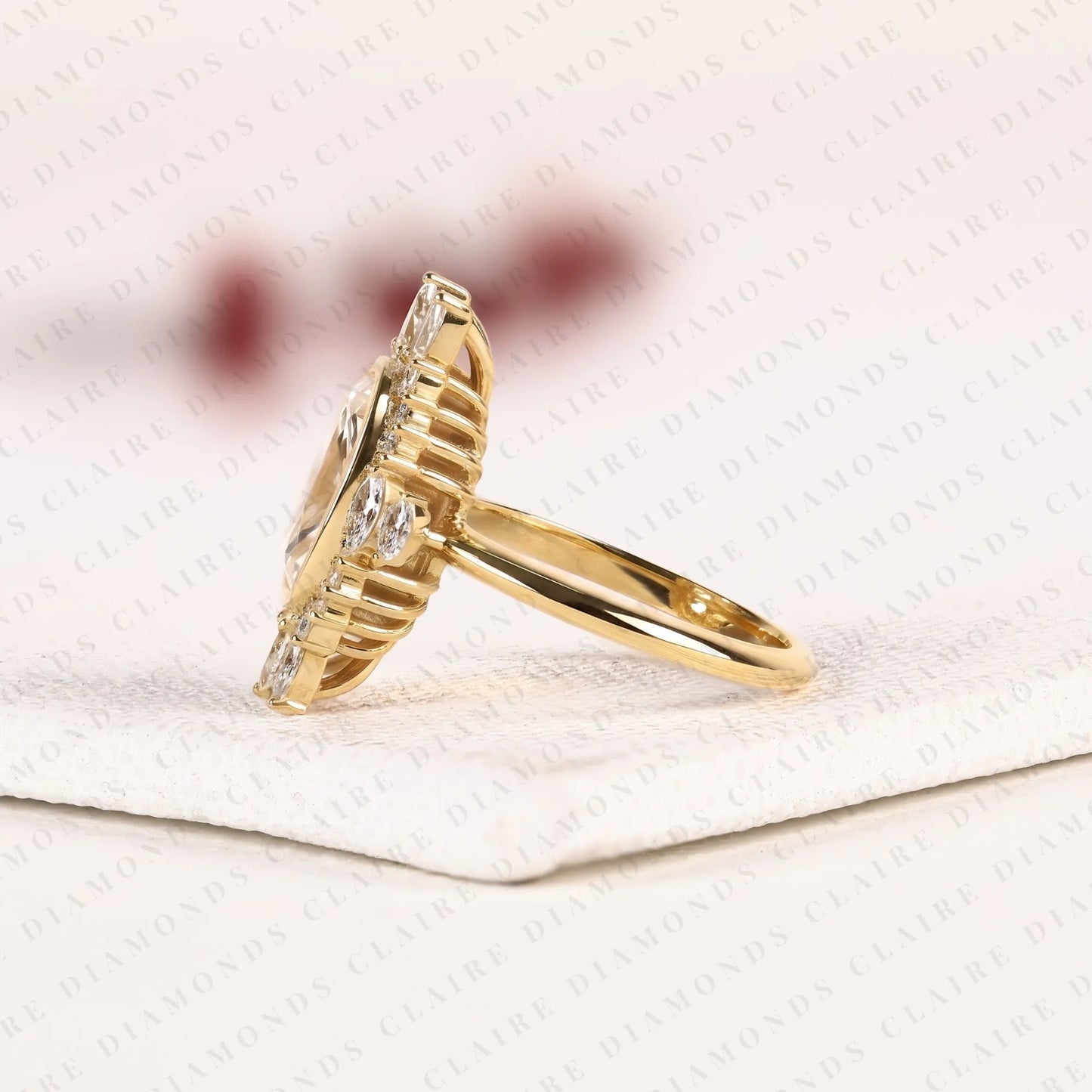 elongated cushion cut lab grown diamond halo engagement ring, yellow gold floral halo bridal ring, unique diamond ring