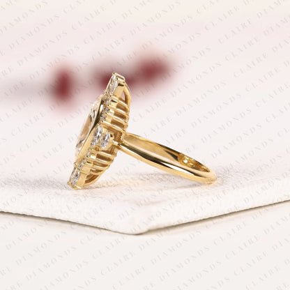 Elongated Cushion Cut Lab Grown Diamond Halo Engagement Ring, Yellow Gold Floral Halo Bridal Ring, Unique Diamond Ring