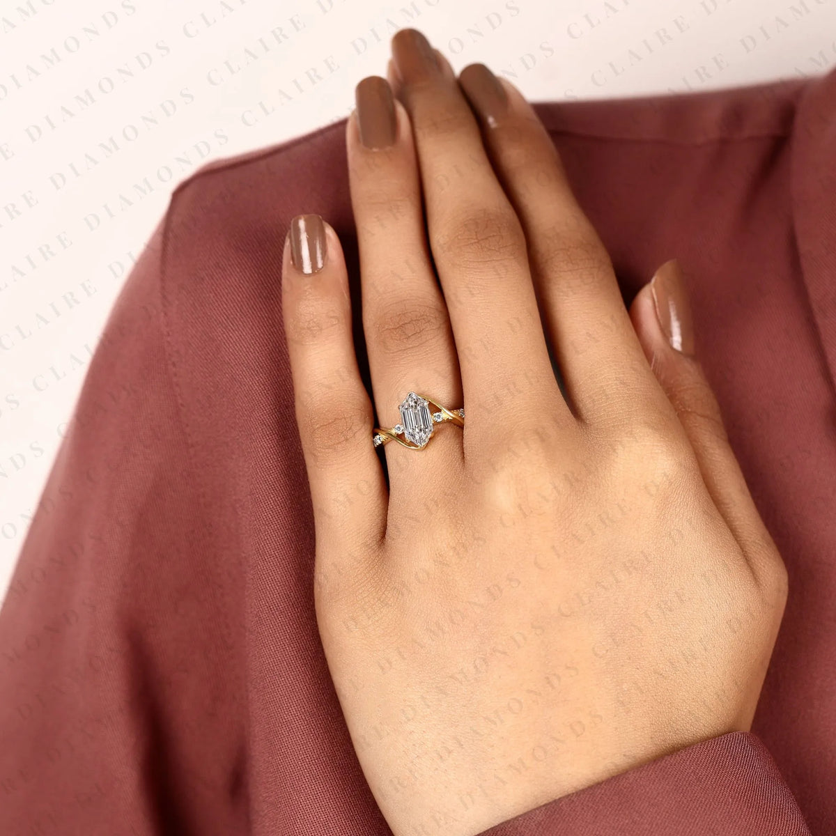 hexagon step cut lab grown diamond engagement ring | yellow gold bypass split shank pavé ring | modern geometric bridal jewelry | unique statement ring
