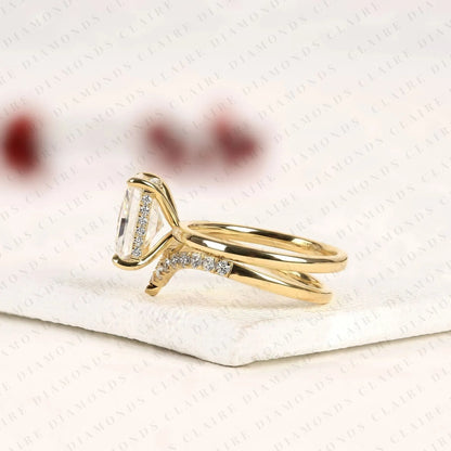 Radiant Cut Lab Grown Diamond Bridal Ring Set | Matching Chevron Wedding Band Engagement Ring