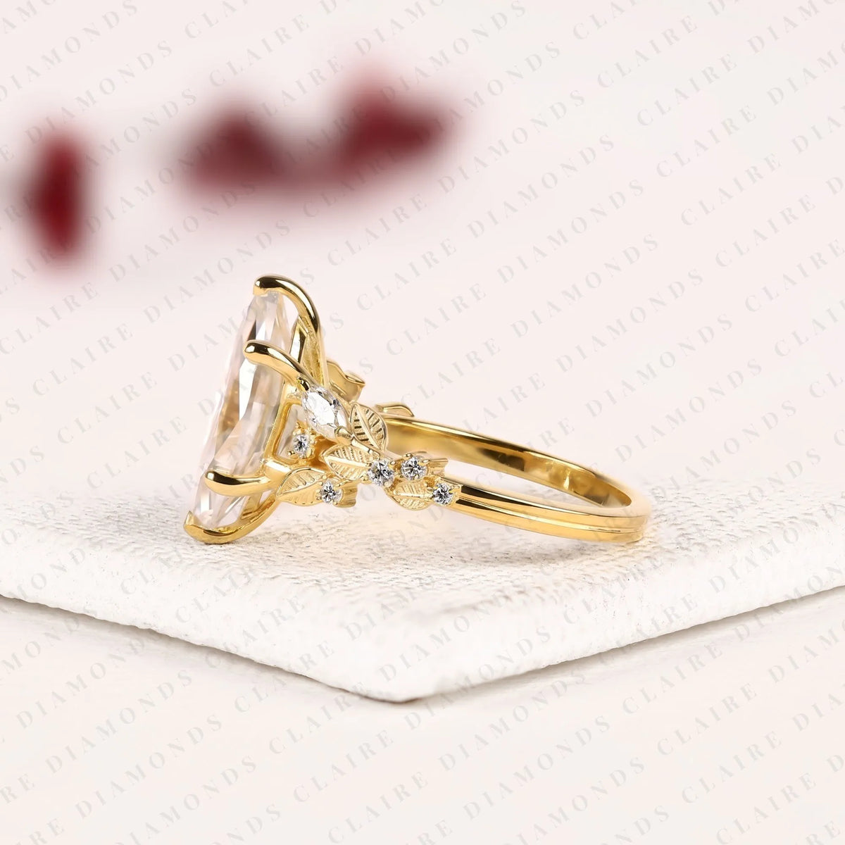 marquise cut lab grown diamond engagement ring, floral leaf vine gold ring, nature inspired bridal ring, unique vintage wedding jewelry